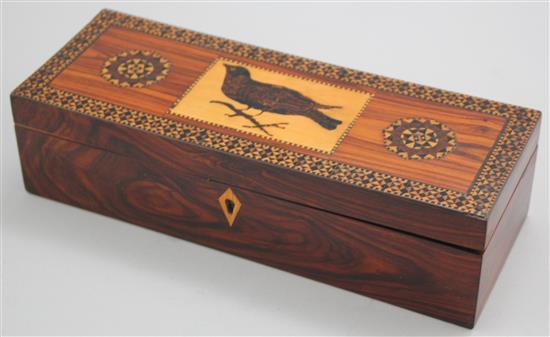 A Tunbridge Ware kingwood bird mosaic and half square mosaic glove box, 9.5in.